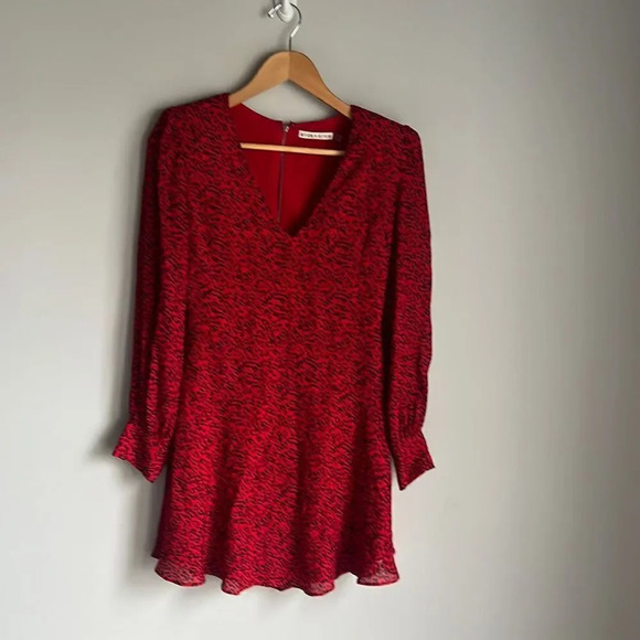 Alice + Olivia Polly Fit Flare Leopard Print Long Sleeve Mini Red Dress - Picture 3 of 15